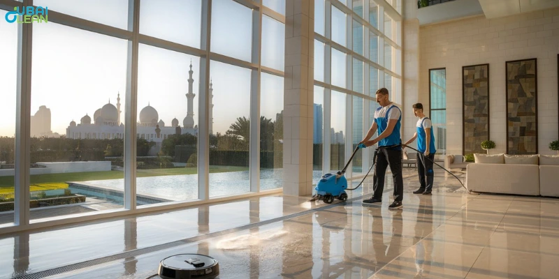 Villa cleaning crew deep scrubbing floors and polishing windows in an unfurnished space