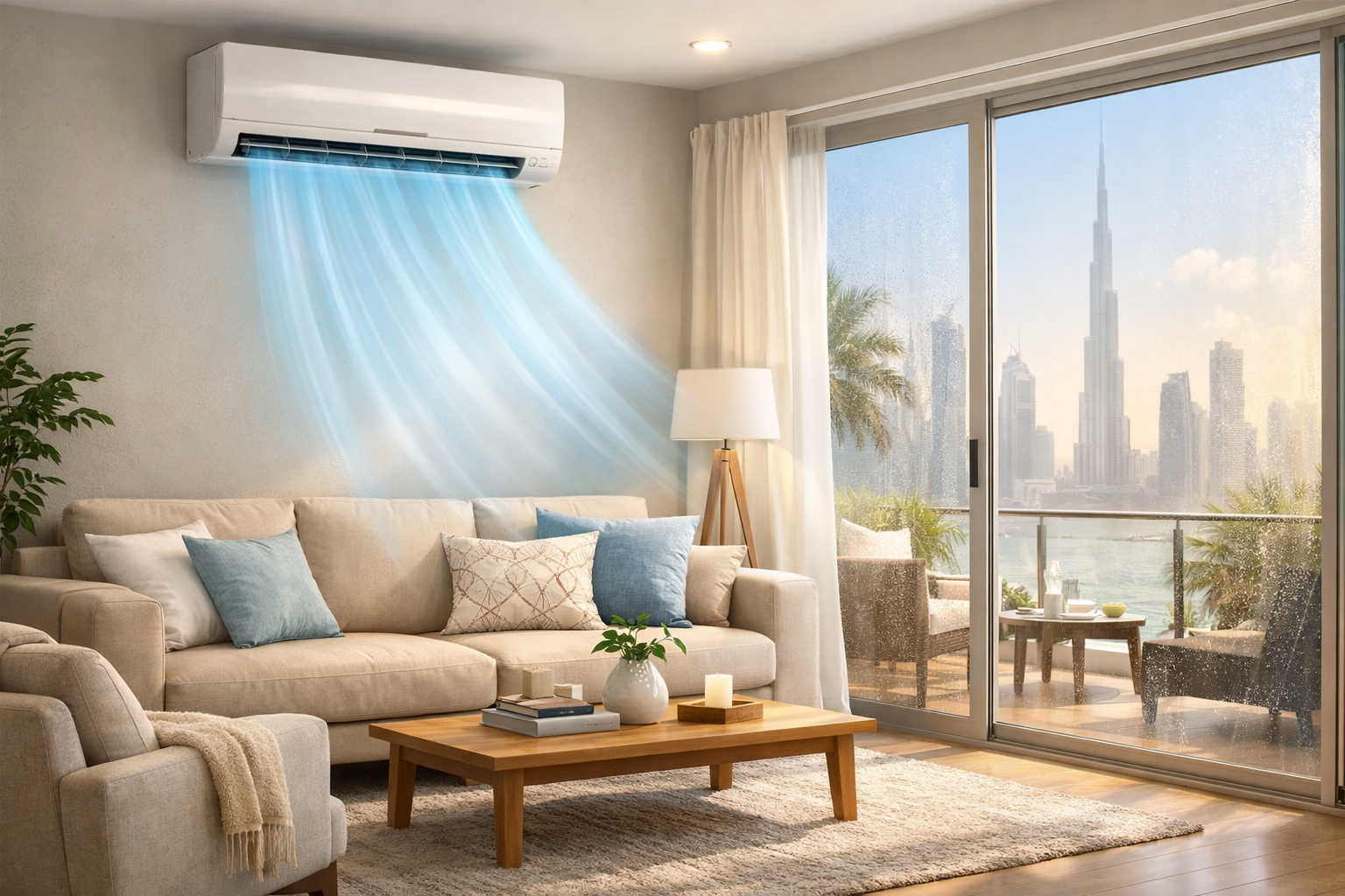 AC unit in a Dubai home showing efficient cooling and protection from coil corrosion